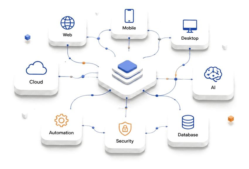 Solvix Systems AI engineering ecosystem — web, mobile, cloud, AI, data, and security connected